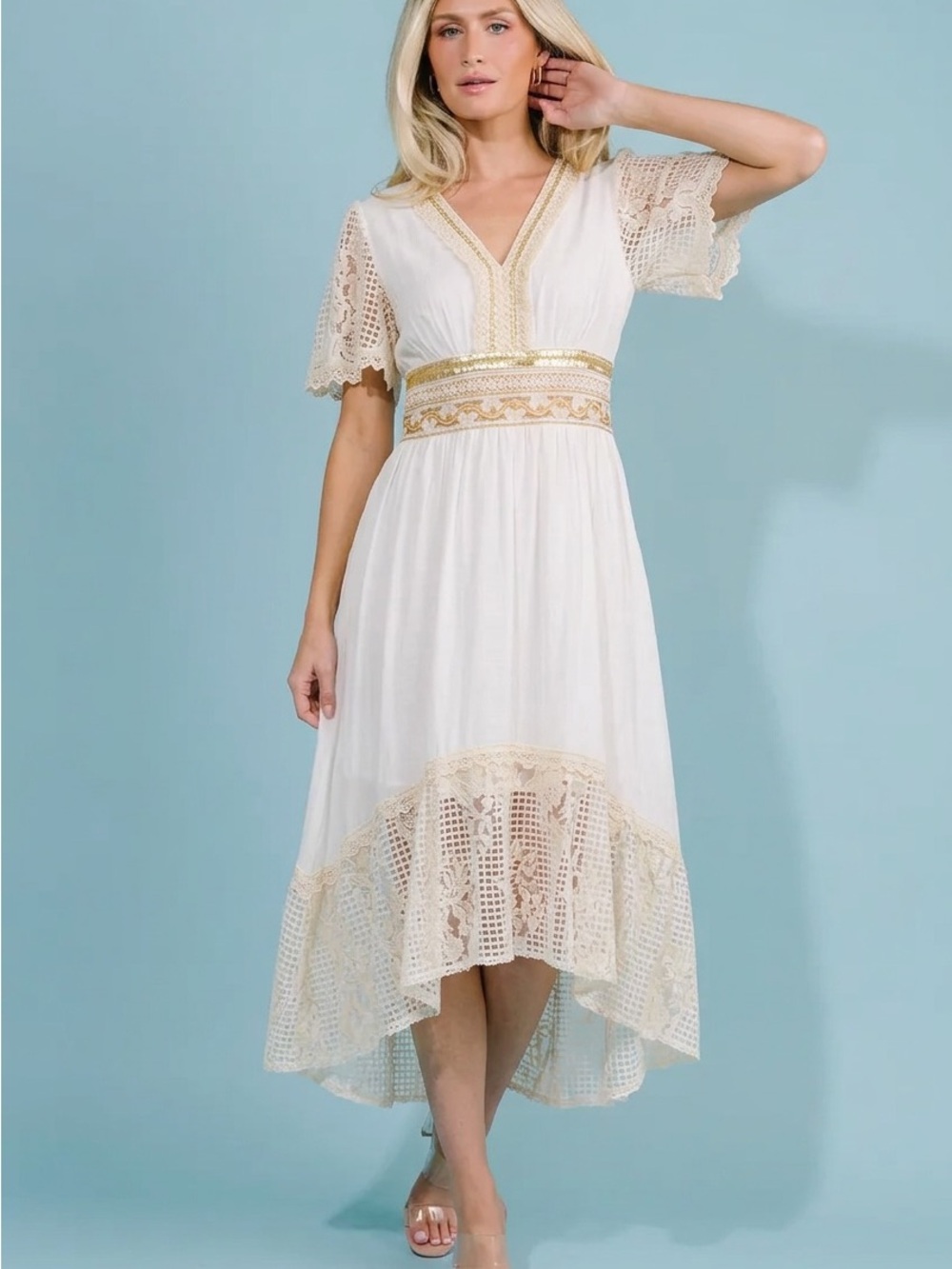 "The Madelyn" V-neck High Low Crochet Sequins Maxi Dress